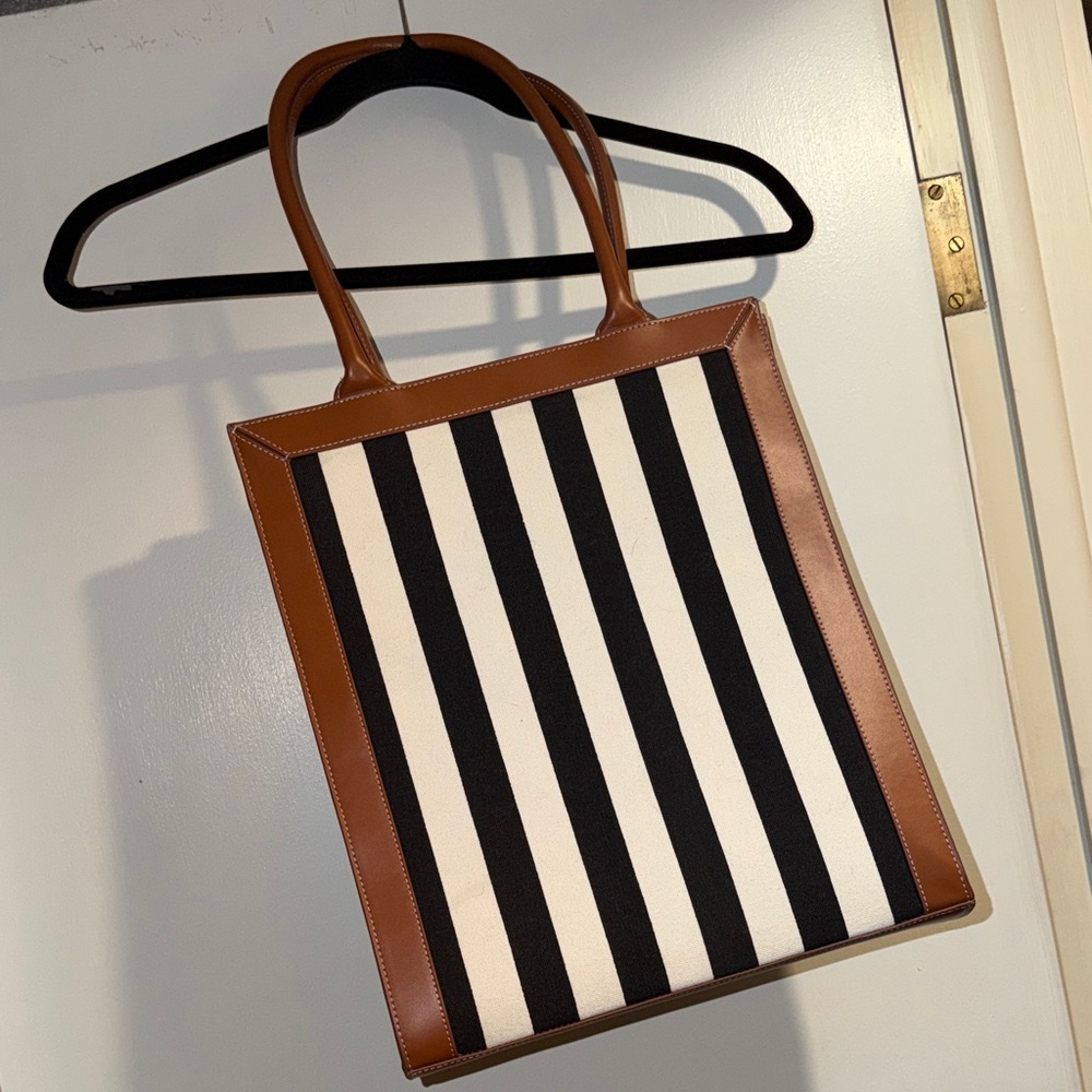 Striped Black and White Tote Bag with Brown Trim